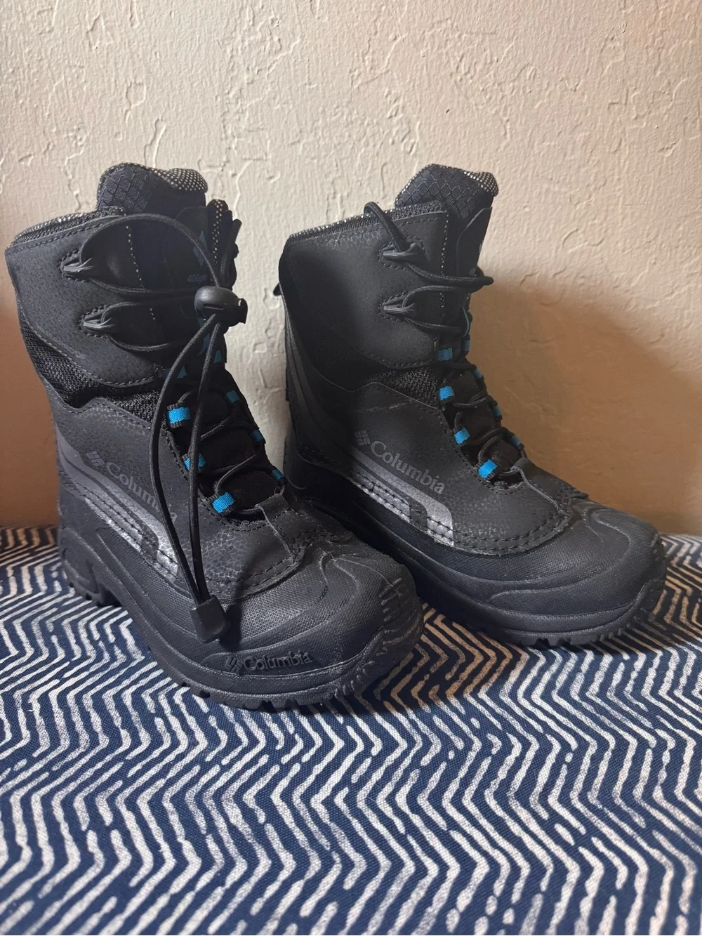 Columbia Kids Black Boots with Blue Accents